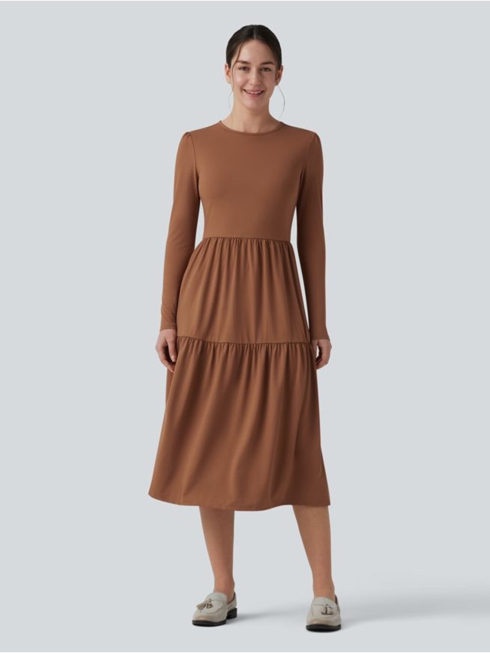 Long Sleeve Tiered Midi Dress in Brown